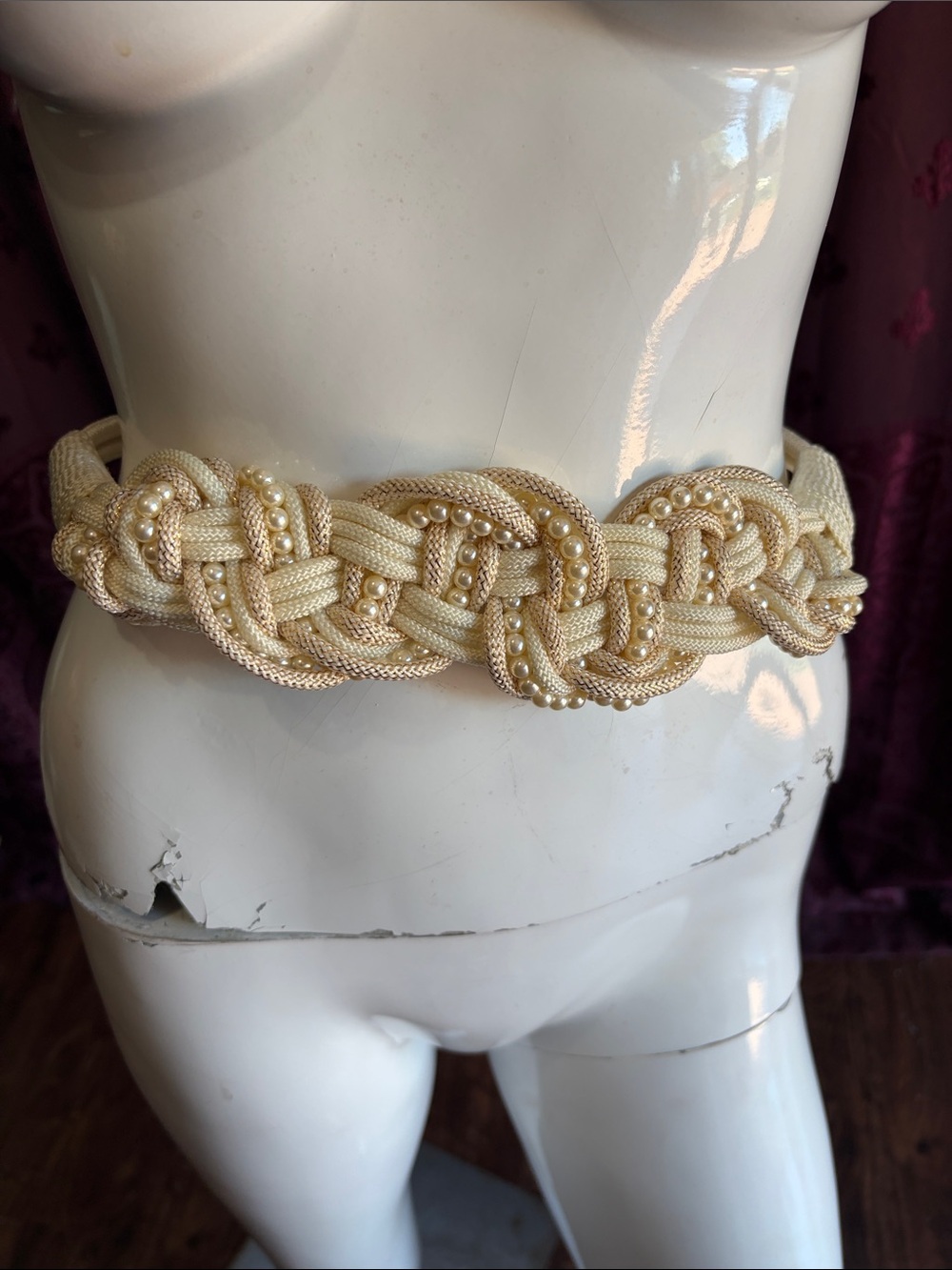 Cream Braided Rope Waist Belt W/ Faux Pearls accents - Small Women's Accessories